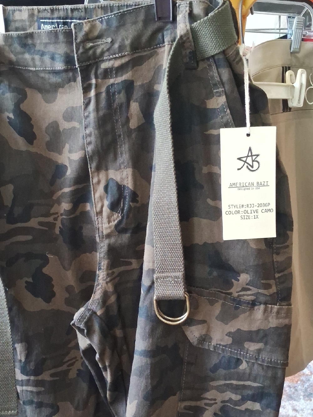 American Bazi Olive Camo Cargo Pants with Web Belt..Size::1X🌹🌹🌹🌹